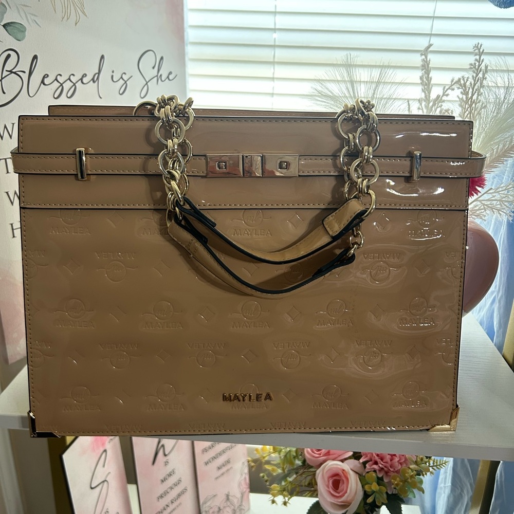 Mayle Beige Patent Leather Tote with Gold Chain